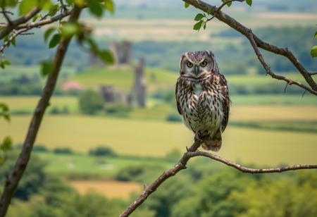 owl, looking bored, on a branch, daylight, high in a tree, plain fields in the background, rural ireland, summer, lots of green vegetation, castle ruin in the background,