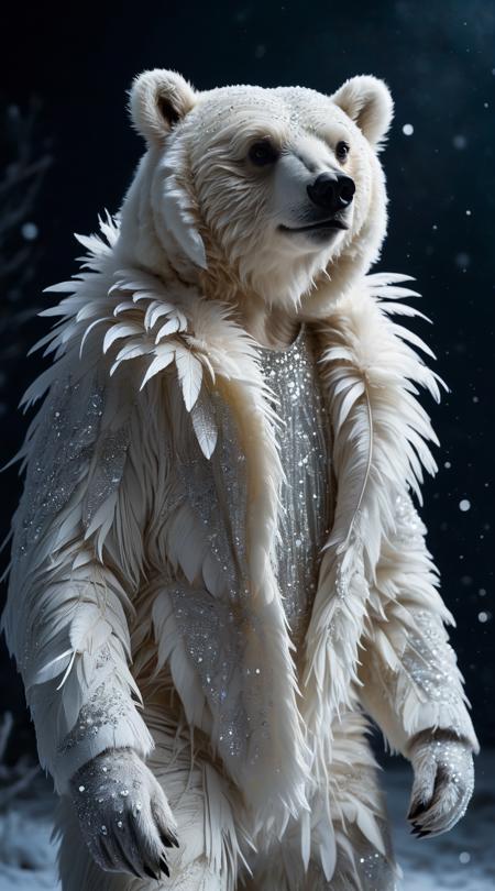 Frost-mantled bears, transforming into another form, Moonlit ambience, oppressive with stifling air, crisp winter whites, medium shot waist level, casual full body shot, avant-garde experimental medium, chalky mineral powder, wispy feather accents, repetition of patterns, sequined costume sparkles.