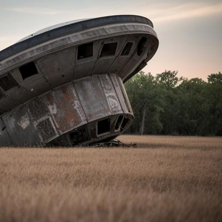 RAW photo, UFO crash site in a remote farming town in Texas, subject, 8k uhd, dslr, soft lighting, high quality, film grain, Fujifilm XT3, unrealisticdream, baddream