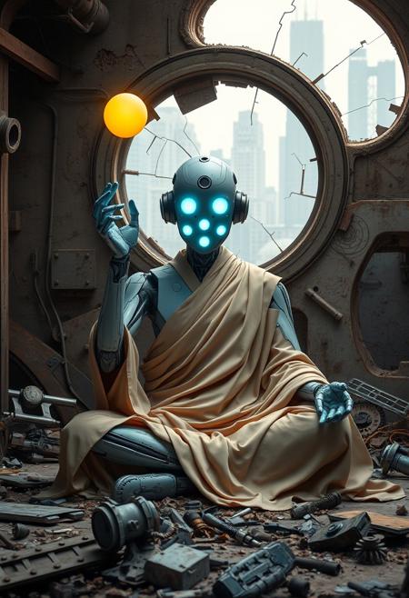 The image depicts a futuristic, humanoid robot seated in a meditative pose within a dilapidated urban setting. The robot, adorned in a flowing beige robe reminiscent of a monk or sage, exudes a sense of wisdom and tranquility. Its glowing cyan faceplate features multiple circular lights resembling eyes, creating an ethereal, otherworldly aura. The robot holds a bright yellow orb aloft in one hand, symbolizing knowledge or energy, while the surrounding environment features scattered mechanical debris and broken parts. Behind it, a circular window, cracked and weathered, reveals a glimpse of a futuristic cityscape. The composition blends themes of advanced technology, spirituality, and decay, creating a striking narrative of harmony amidst chaos.