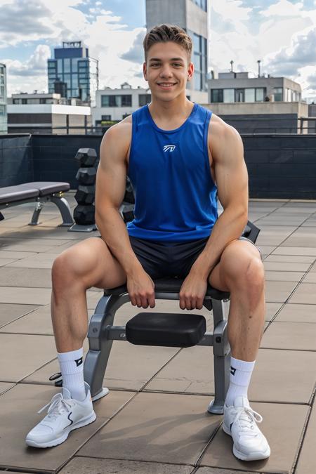 partly cloudy, rooftop patio with weight machines, outdoor gym, smiling, ConnorPeters is a  sexytrainer, tank top, shorts, white socks, sneakers, sitting on a weight bench, ((full body portrait)), wide angle  <lora:ConnorPeters:0.8> <lora:Clothing - Sexy Personal Trainer:0.7>  <lora:muscle_slider_v1:-1>