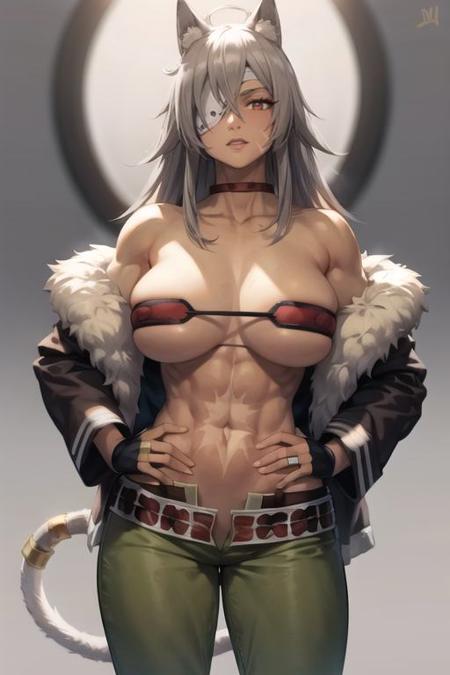 Ghislaine_aiwaifu,muscular female,long hair,dark skin,dark-skinned female,animal ears,eyepatch,grey hair,scar,scar on face,scar on cheek,choker,cat ears,animal ear fluff,large breasts,one-eyed,red eyes,bangs,hair between eyes,red choker,collarbone,sidelocks,scar on stomach,bandeau,fur trim,jacket,bare shoulders,fur-trimmed jacket,scar on stomach,cleavage,off shoulder,black jacket,muscular,navel,abs,pants,highleg panties,underboob,green pants,tail,belt,long sleeves,open belt,sheath,open pants,bridal gauntlets,cat tail,sheathed,obliques,open clothes,tail ring,groin,gloves,open jacket,covered nipples,open fly, masterpiece,best quality,ultra detailed, 8k, 4k,highly detailed, scenery,pose,solo,
