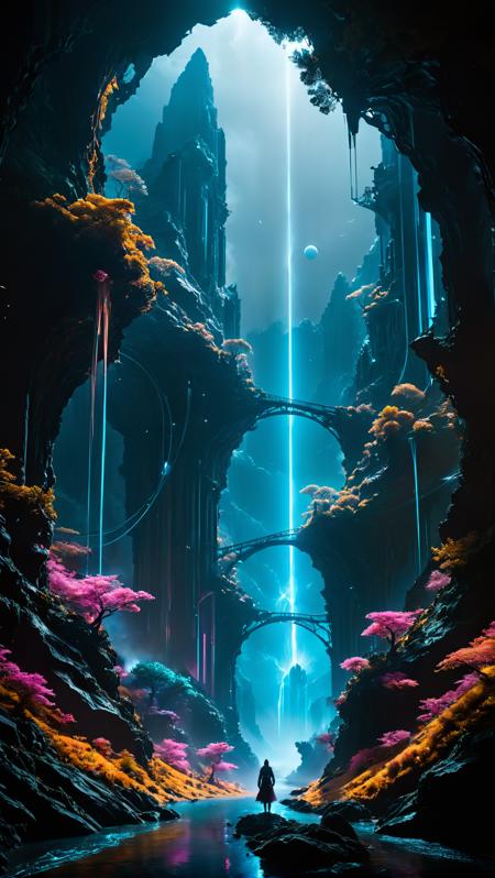 <(score_9,score_8_up,score_7_up,score_6_up,score_5_up,score_4_up):1.0>,
<(Amidst the shimmering darkness, strange cosmic structures loom, pulsating with vibrant energy. Neon hues crisscross in the sky, defying gravity as they intertwine in intricate networks. Ethereal liquid crystals cascade like waterfalls, forming mesmerising currents in the fluid expanse of the cosmos. Mythical creatures, both organic and mechanical in nature, engaged in celestial ballets. Tachisme elements emerge from the depths, splattering iridescent paints across the inky stage, leaving trails of audacious brushstrokes behind. Through the glistening veil, behold the convergence of science-fiction and fantastical elements in these intriguing mythical nightscapes):1.0>,
<(detailed matte painting, deep color, fantastical, intricate detail, splash screen, complementary colors, fantasy concept art, 8k resolution trending on Artstation Unreal Engine 5):0.9>
<lora:WildcardX-XL-Detail-Enhancer:1>,
 <lora:zavy-cntrst-sdxl:1>