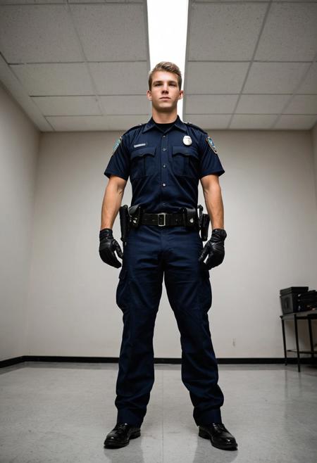 Ultra-realistic, cinematic full-body photo of a handsome 20-year-old Caucasian male police academy recruit standing tall and dominant during inspection. He wears a tightly fitted short-sleeved navy police uniform, with black tactical gloves, a visible silver badge and name tag, and a fully loaded duty belt with visible tactical gear. His posture is rigid, stance wide and confident, projecting control and arrogance. He looks directly down at the viewer with a cold, piercing stare and a faint, smug smirk — exuding quiet aggression and superiority. Shot from an extreme low-angle floor view at his feet, creating a dramatic upward perspective that emphasizes power and intimidation. The background is a clean, brightly lit police academy training hall, with other recruits in uniform standing in formation, blurred out to keep focus on him. Harsh overhead lighting, crisp shadows, sharp textures on fabric, belt, and gloves. High detail, full-body in frame, hyper-realistic skin and lighting, photo-quality.