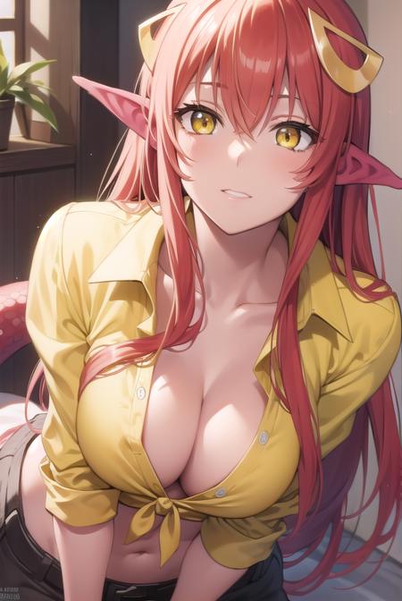 miia, hair ornament, lamia, long hair, monster girl, pointy ears, red hair, slit pupils, (yellow eyes:1.5), belt, navel, shirt, skirt, sleeves rolled up, tail, tied shirt, yellow shirt, cleavage,