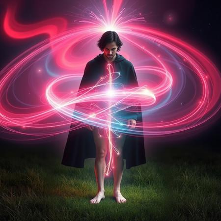an ethereal and glowing representation of an royal dark haired masculine with perfect hands and dark hair, wearing an dark cape, standing barefoot in the grass. The man is emitting a vibrant electromagnetic field resembling Earth's magnetic field, characterized by sweeping aurora-like arcs and lines that curve outward from the head and wrapping around to the feet of the figure. Use shades of red, blue to mimic Earth's aurora borealis, with a subtle shimmering effect to enhance the dynamism of the magnetic field. The overall tone should feel both scientific and artistic, blending realism with an otherworldly aesthetic.
