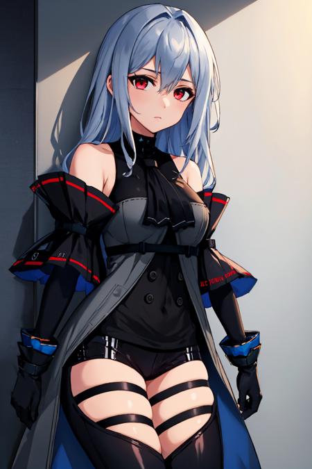 (masterpiece, best quality:1.2), solo, 1girl, skadielite, expressionless, looking at viewer, black shirt, black ascot, detached sleeves, gloves, black pants, thigh cutout, bare shoulders <lora:arknights_skadielite:1>