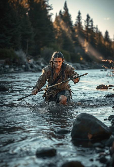 18th century Iroquois hunter wading across shallow stream tracking game, , fir trees, rocky shore, shot on canon eos 5d, wet deerskin clothing, braided hair, color grading, sunshafts, lens flare, dynamic composition, documentary photography