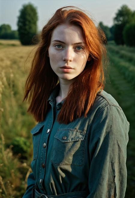 RAW full body analogue photo of a beautiful 20 years old pale skin (Auburn-hair German woman:1.5) chic perfect face, sexy pose, ((Wearing Post-Apocalyptic Clothing)) perfect eyes, detailed eyes, detailed iris, realistic skin texture, ((absolute perfect tits, soft tits, natural tits)), low light, soft natural light, Rembrandt style light, Hasselblad DLSR camera, 200mm Zeiss lens, f/2.8