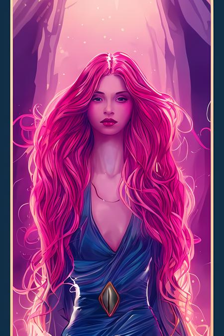 tarot card style, 1 girl, solo, portrait , digital illustrated,  flowing hair, glowing rainbow hair,     night, pastel , looking at the camera , looking_at_viewer, ring lighting, rim lighting, trending on artstation,  wlop,  dsktaro1