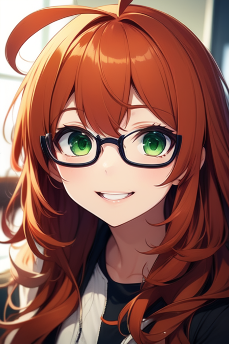 futabatoshiaki,1girl,glasses,middle hair,kinky_hair,orange red hair,green eyes,ahoge,