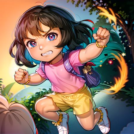 ((masterpiece, best quality)),(complex light), full body, solo, Dora, child, <lora:Dora_Explorer1-10:0.8>, pink shirt, shorts, bracelet,backpack, jumping, angry, frown, clenched teeth, punching, eye trail, <lora:flamingEyeConcept_flamingEye:0.6>