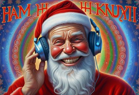 Santa Claus with a crazy ugliness smile.  headphones on head
. the inscription on the screen “НАДЕНЬ НАУШНИКИ” the text of the inscription seems to flow. ugliness. in the style of Alex Grey's visionary art.
