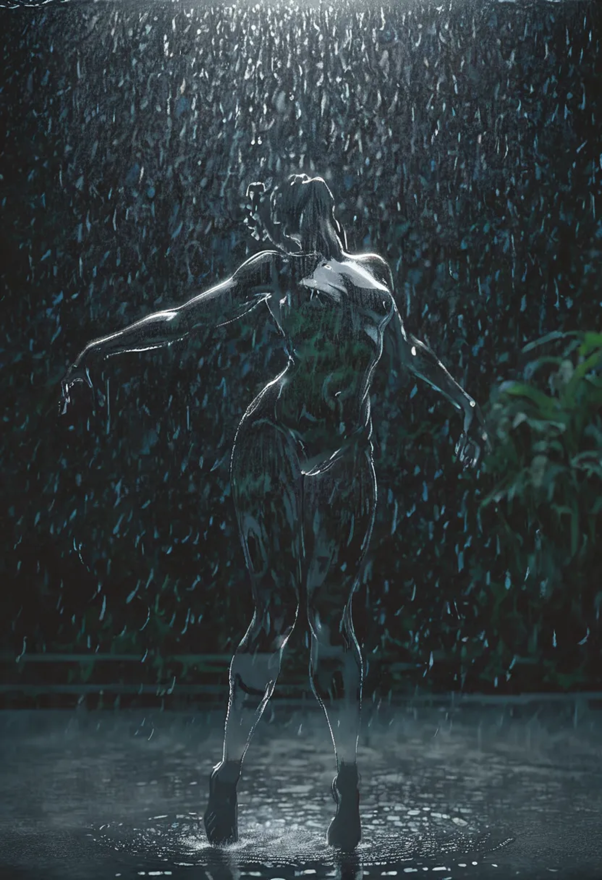 A woman in a silver dress dancing in the rain.