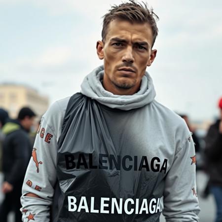 a person, with ruined clothes, with a "BALENCIAGA" brand garbage bag, the clothes are also "BALENCIAGA" brand.
The person has a snobbish look, as if he were above others