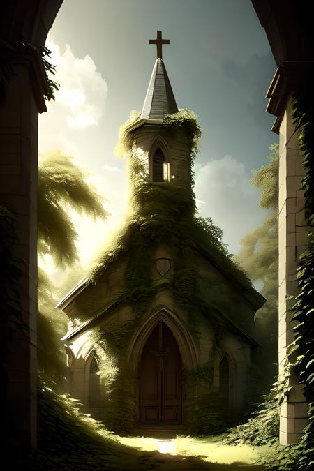 over_grown, church <lora:OvergrownCity:1>, beautiful studio soft light, rim light, amazing, finely detail, masterpiece,best quality,official art,  best quality, masterpiece, illustration