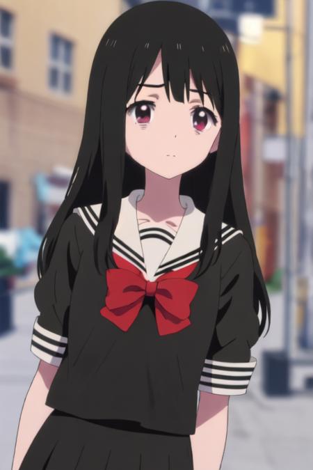 best quality, masterpiece, highres, solo, {aya_asagiri_mahoushoujosite:1.15}, long_hair, black_hair, serafuku, bangs, purple_eyes, anime_coloring, red_eyes, 1girl, bow, red_bow, red_bowtie, sailor_collar, school_uniform, shirt, upper_body, white_sailor_collar, bowtie, black_shirt, closed_mouth, looking_at_viewer