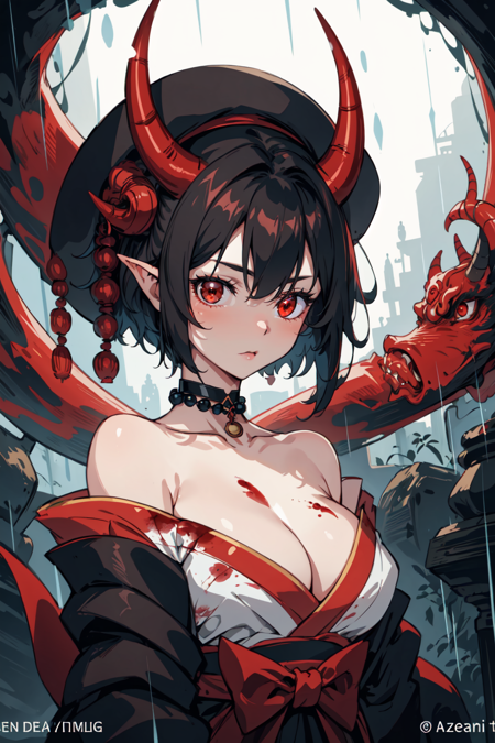 masterpiece, official art, best quality , extremely detailed, fantasyv2, 1girl, solo, looking at viewer, short hair, black hair, red eyes, hat, cleavage, bare shoulders, upper body, japanese clothes, horns, choker, artist name, blood, glowing, glowing eyes, single horn, rain, oni horns, beads, sarashi, oni, blood from mouth , <lora:fantasyv2:0.8>