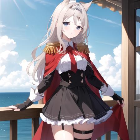 ((masterpiece)),(best quality),official art,extremely detailed CG,unity 8k wallpaper,ultra detailed,A lighthouse on a cliff by the sea,1girl,solo,cowboy shot,blonde_hair,heterochromia,blue_eyes,red_eyes,red_cape,long_hair,animal_ears,black_dress,looking_at_viewer,lion_tail,blush,epaulettes,tiara,frills,thigh_strap,frilled_dress,lion_ears,medium_breasts,wrist_guards,partially_fingerless_gloves,corset,<lora:Archetto(ark):0.8>,