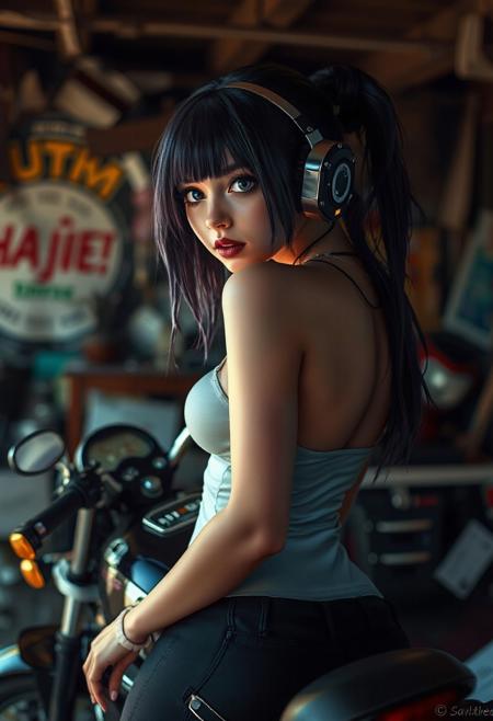 1girl, cybergirl , wide eyes, lifelike, masterpiece, lifelike, best quality, newest, absurdres, beautiful body, busty , artistic , leaning forward , busty, motorcycle, looking back, junkyard, masterpiece, best quality, highly detailed, dynamic lighting,