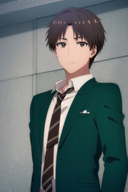 junichiroukubota, <lora:junichirou kubota s1-lora-nochekaiser:1>,
junichirou kubota, short hair, bangs, brown hair, (brown eyes:1.5), male focus,
BREAK shirt, long sleeves, school uniform, jacket, white shirt, open clothes, necktie, collared shirt, pants, open jacket, black pants, blazer, red necktie, (green jacket:1.5), brown pants,
BREAK indoors, classroom,
BREAK looking at viewer, (cowboy shot:1.5),
BREAK <lyco:GoodHands-beta2:1>, (masterpiece:1.2), best quality, high resolution, unity 8k wallpaper, (illustration:0.8), (beautiful detailed eyes:1.6), extremely detailed face, perfect lighting, extremely detailed CG, (perfect hands, perfect anatomy),