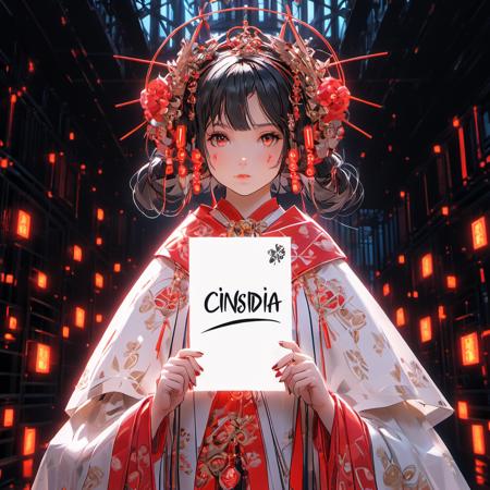 One girl held a blank piece of paper with Cinsdia written on it  <lora:C_projection_holographic_display:1>