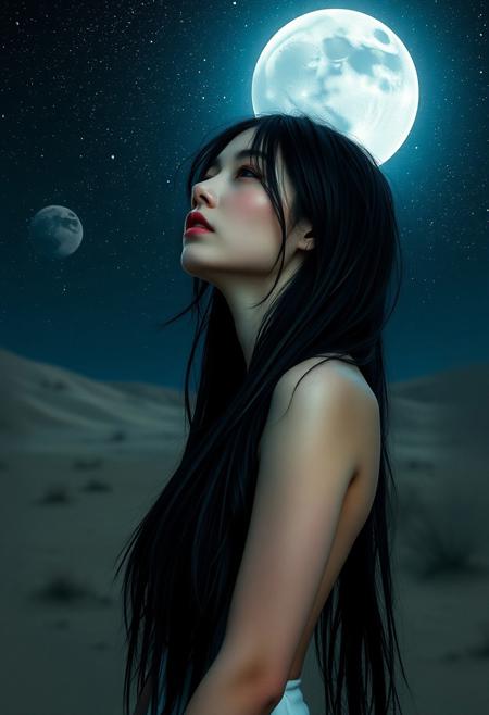 A woman with a slender build, pale skin, and raven-black hair that cascades down her back like a waterfall of night, stands in a desolate, moonlit landscape, her gaze fixed upward, her eyes pools of wonder as she beholds the celestial tapestry above, her eyelids heavy, her lips a faint tremble, the starlight casting an ethereal glow on her delicate features, a solitary figure lost in thought, immersed in the vast expanse of the universe, the darkness of the night sky and the stars above, a twinkling reminder of the infinite possibilities that seem to beckon her, the atmosphere heavy with a sense of longing and nostalgia.