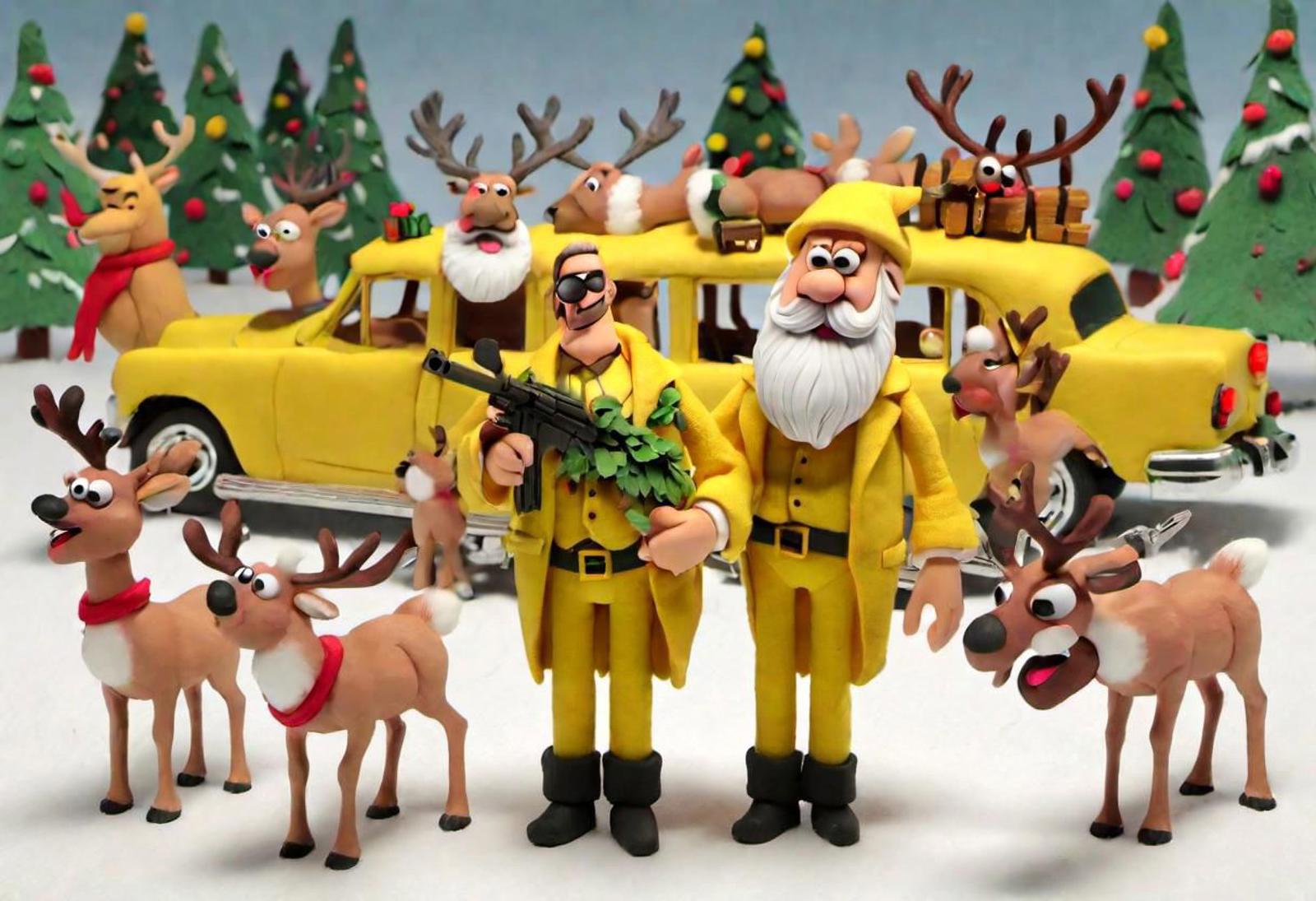 A Christmas scene featuring a yellow car with Santa Claus and a reindeer.