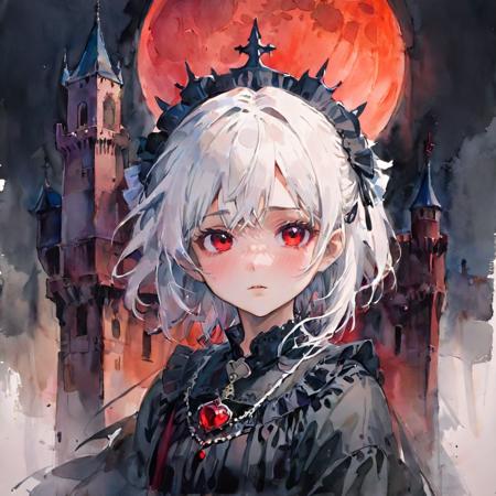 ((masterpiece))),(((best quality))),((ultra-detailed)),(illustration),(dynamic angle),
((floating)),(paint),((disheveled hair)),
(solo),(1girl),little girl,small breast,(((detailed anima face))),((beautiful detailed face)),collar,(((gothic, lolita_fashion, gothic_lolita))),
((white hair)),((streaked hair)),
beautiful detailed eyes,(red eyes),
(((detailed castle))),(((high saturation))),((best shadow)),((night,red moon,blood on face,blood on cloths,splash blood)),arms behind back,
traditional watercolor painting,<lora:traditional_watercolor_painting:0.7>,