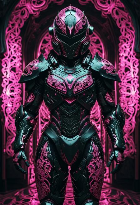 A photograph captures a futuristic armored figure donning a predominantly pink and black ensemble. The figure's face is concealed by a helmet, while the armor, intricately designed with numerous layers and patterns, envelops the entire body, including the torso, arms, and legs. Embedded within the armor are LED lights, which illuminate the scene. The smoke-filled background accentuates the figure, creating an impression of depth and isolation.