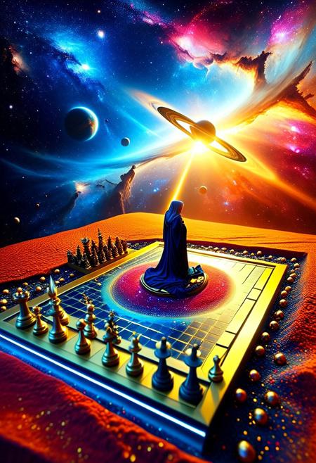 sandswirl, swirling sand, 
In the boundless reaches of the Celestial Realm, adrift amidst the infinite sea of stars, there exists a board of unfathomable size—a Cosmic Chess set, wrought by the hands of divine artisans eons past. Its surface spans entire solar systems, each square a miniature galaxy unto itself.
Here gather the Primordial Players, beings of pure energy given corporeal form by the sheer weight of their existence. Albus, Lord of Light, resplendent in robes woven from stellar plasma; Obsidia, Queen of Darkness, cloaked in shadow-stuff darker than the void between worlds.
With movements measured and deliberate, they wage war upon this grand stage. Galaxies collide and fragment, birthing new wonders with each passing turn. Nebulae blossom into being, painting the tapestry of spacetime with hues undreamt-of by mortal minds.
3d-rendering, concept-art, digital, dreaminess, futuristic, multimedia, virtual-reality, 
eeriness, fantasy, other-worldliness, science-fiction, surreal, 
colorful, sci-fi style, technological, alien worlds, space themes, advanced civilizations, 
best quality, masterpiece, aesthetic, intricate details, highly detailed, ultra-detailed, absurdres, unreal engine, octane rendering, high contrast, vivid, vibrant, volumetric lighting, sharp focus,