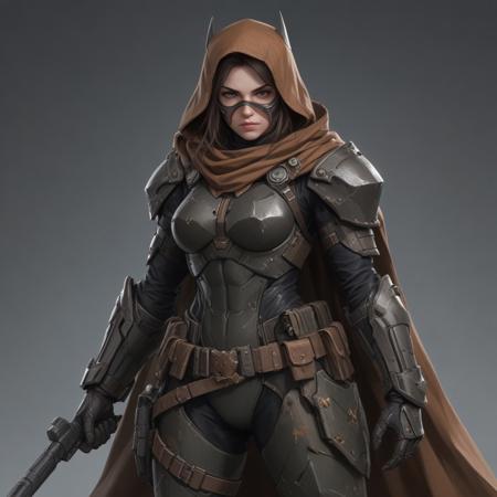 a batman, featured on pexels, wearing a brown cape, beautifier, confident heroic pose, actionism, thievery equipment, product showcase, unmasked, dressed as a scavenger huntress from doom and warhammer, metal gear solid, character design, artstation, concept art, trending on behance