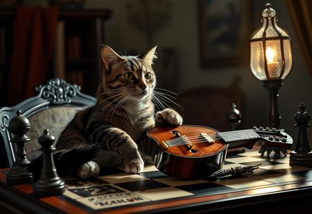 cat from wonderland on a chessboard, horror ambience,italian mood, magnana por la magnana, italian sign, no work from me today, mafia pizza mandolino