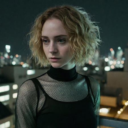 cyborg young woman, dark cyberpunk, highly detailed face, pale fragile delicate body, frizzy bob cut hair, (stylish haircut:0.9), posing reluctantly in a tight stylish minimalistic black fully see-through fully transparent thin blouse, visible nipples, visible breasts, subtle cyberware, standing on a cyberpunk Japanese city rooftop at night, scenic view, cinematic scene, cinematic lighting, analog-style photo, grainy amateur lo-fi portrait photo, desaturated colors, (low contrast), distracted, b-cup breasts, eyeliner, (eyeshadow:1.1), shy, blushing, raw photo, phone photo, 3/4, (upper body portrait shot), medium shot, accidental art, candid, crisp image, high detail, (eyebags:0.8), (chromatic aberration)