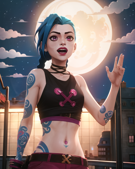 arcane style,
1girl, arm tattoo, asymmetrical bangs, bangs, blue hair, braid, brown shirt, cloud tattoo, looking at viewer, laughing, crazy, uncontrollable laugh, mad look, night, city, green hair, long hair, midriff, pink eyes, red lips, shirt, solo, standing, tattoo, twin braids, upper body, arcane jinx, jinx \(league of legends\)
<lora:arcane_offset:1>