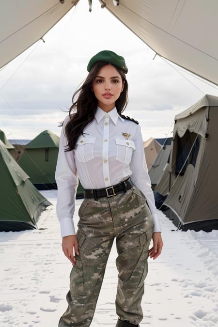 professional photograph of Eiza Gonzalez mt-eizagonzalez as an officer of the military, army white camouflage outfit, beret, standing in a frozen tundra, in a military encampment, tents at the sides, snow, light reflection, she has her hair tied up, black hair, dark eyes, grin. 4k, 8k, masterpiece, highest quality, absurdres, bokeh  <lora:[MX]_-_Eiza_Gonzalez:1> <lora:picxer_realdetailer:1> <lora:CineStyle5:0.25>
