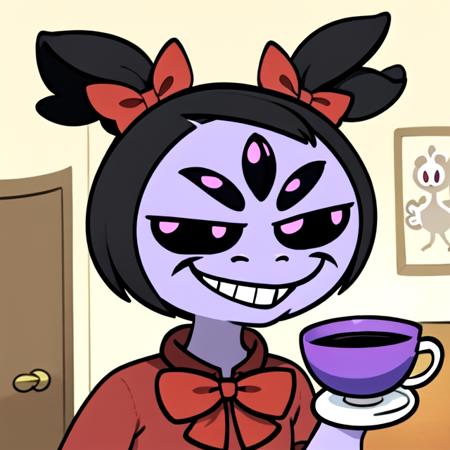 flurk <lora:flurks-step00022500:0.5>, quiff, 1girl, muffet , muffetwear, black sclera, monster girl, purple body, pigtails, 5 eyes, hair bows, black sclera, cartoon style, holding cup,  masterpiece,  best quality, <lora:muffetv3:0.8>