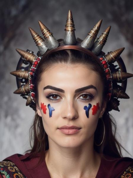 art by RHADS, photograph, Horrid Dimensional Welsh burcu_ozberk, wearing robe designed by Lamborghini, Magical Tribal Face Marks, Winter, deep focus, Steampunk Art, film grain, Phase One XF IQ4 150MP, F/5, Ambrotype, beautiful,  <lora:burcu-000020:0.7>