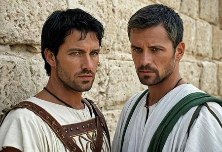 masterpiece,best quality, highly detailed,  dramatic, 2men, cowboy shot, realistic, semi-realism, mature men, 30yo, one man with short black hair and green eyes and the other man blonde hair and blue eyes, short black hair and green eyes, blonde hair and blue eyes, wearing white ancient roman tunics, medieval clothing, rebellious expression, marble wall behind them, facing viewer, film photography, sunlight