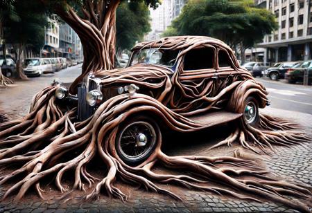 morph-treeroots , vintage car,polished chrome details,classic style design,in city,photography<lora:tree roots_0_100_V1-000008:1>