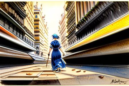 (looking at viewer:0.9), score_9, score_8, score_7, score_8_up, score_7_up, score_6_up, Romani girl with blue hair, dark skin, almond-shaped eyes, wearing adventurer's clothing, ((wielding a quarterstaff)), walking the streets of a bustling fantasy city, watercolor, illustration by Jean-Pierre Gibrat <lora:gibrat:1>