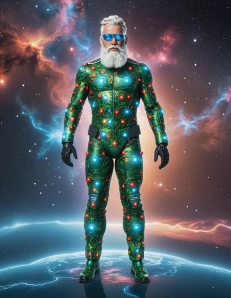 cybernetic ai robotic android man with a big white beard wearing an xmas suit, glowing holographic goggles, exposed circuits, Cosmic nebula, star-forming regions, interstellar clouds, deep space wonder, astral beauty, an ambient occlusion render