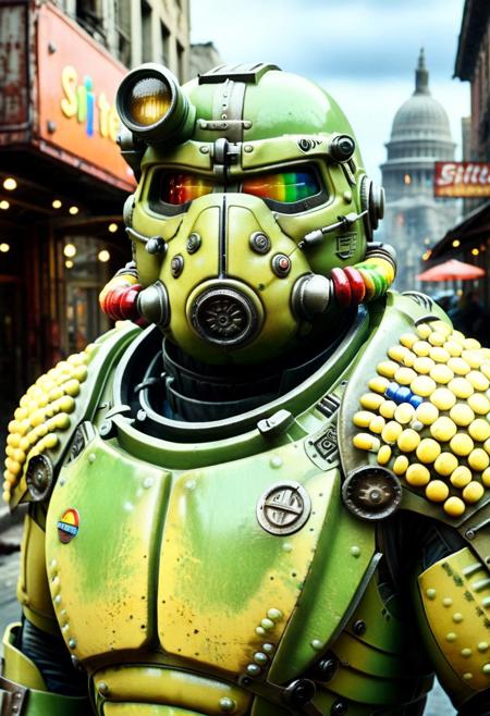 Skittles, Taste the Rainbow, fallout,power armor, city street, detailed background, Detailed face, detailed eyes, perfect eyes, absurdres, high quality, masterpiece, very aesthetic