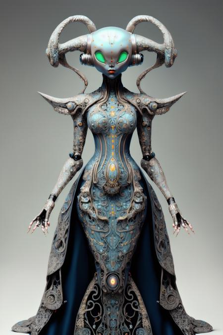 fantchar, a futuristic robotic alien as a model in a photoshoot, wearing an ornate embroidered dress, high fashion, couture, realistic, intricate, highly detailed