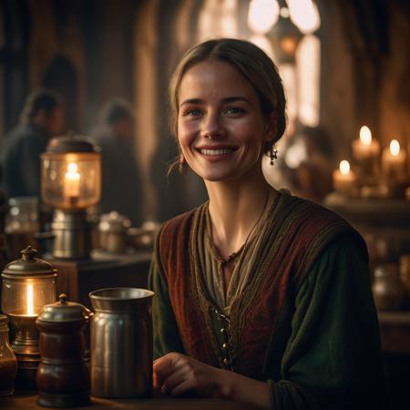 highly detailed documentary photo of vendor (coffee), 


cute face, 1girl, green eyes, coffee grinder, earrings, freckles, jewelry, lips, short hair, smile, window, steam, ponytail, 


cute face, looking at viewer,

depth of field, blurry background,

medieval store,

masterpiece, best quality:1.1, 

ultra photoreal,
photorealistic:1.0, 
depth of field:1.1, 
(edge lighting:1.2),
(shadow play:1.2),

50mm, style of Nathan Wirth, Hasselblad X1D II, Porta 160,
