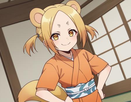 <lora:koyuzu-shigaraki-s1-ponyxl-lora-nochekaiser:1>, koyuzu shigaraki, short hair, blonde hair, animal ears, twintails, yellow eyes, tail, japanese clothes, kimono, sash, obi, orange kimono,