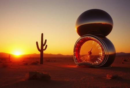 avant-garde, retro futurism , gold and chrome, california desert,sunrise, 1990s, robert T, techno style