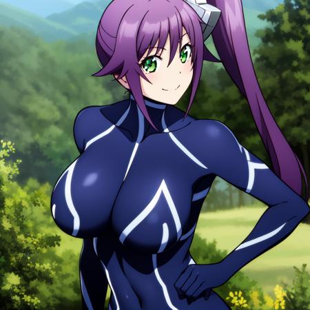 masterpiece, <lora:SagiriAmenoV1-000008:1>, sagiame, 1girl, solo, (((smile:1))), portrait, closed mouth, side ponytail, hair ornament, long hair, green eyes, bangs, large breasts, impossible clothes, bodysuit, blue bodysuit, gloves, blue gloves, skin tight, looking at viewer, forest