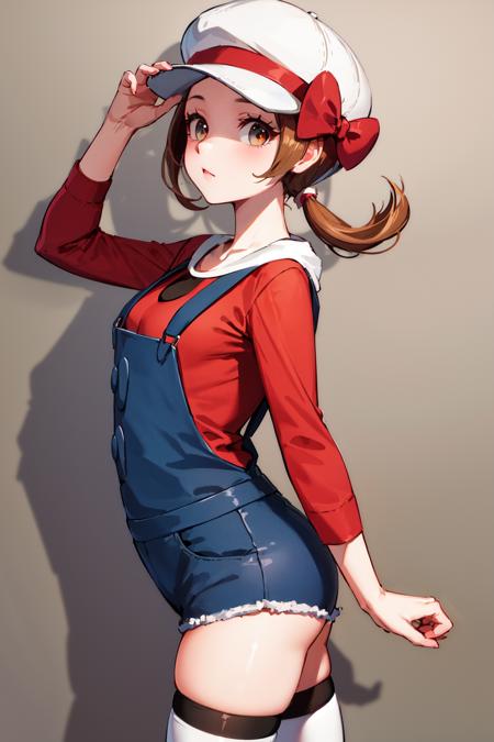 masterpiece, best quality, highres, ly01, overalls, white thighhighs, red bow, red shirt, white headwear, hat bow, eyelashes, <lora:lyra_v1:0.6>, from side