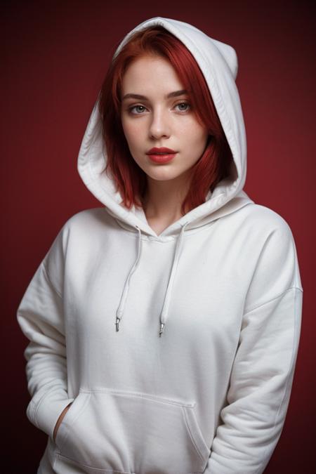 Hyperrealistic full body photography of a cute 21 years old girl,(with red hair:1.3), silver eyes, red lipstick, red eye shadow, blush, sexy look with pure innocence, (freckles:0.7)
(wearing a red hoodie:1.2), hoodie over the head, gangster look, female drug dealer,
detailed natural skin texture, seductive gaze, detailed lighting,(frontal shot against an entirely red backdrop:1.4), dreamy red pastel palette, whimsical details, captured on film, 
high quality, film grain, Fujifilm XT3 detailed skin with visible pores, insane details, masterpiece, 8k, 35mm photograph, dslr, kodachrome, faded film, desaturated, 35mm photo, grainy, vintage, Kodachrome, Lomography, stained, highly detailed, found footage, (intricate details:0.5),
  <lora:picxer_real:0.8>